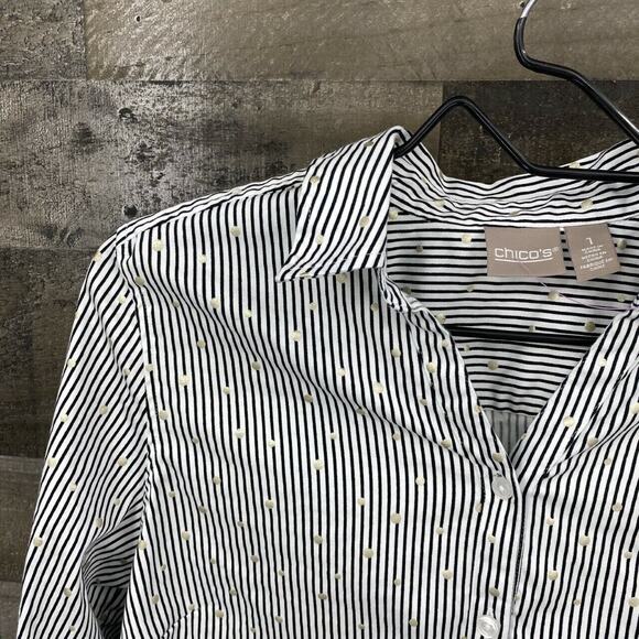 Chico's Women's Striped Polka Dot Button Down Top Shirt Sz 1/M/8 Black White - Picture 3 of 7